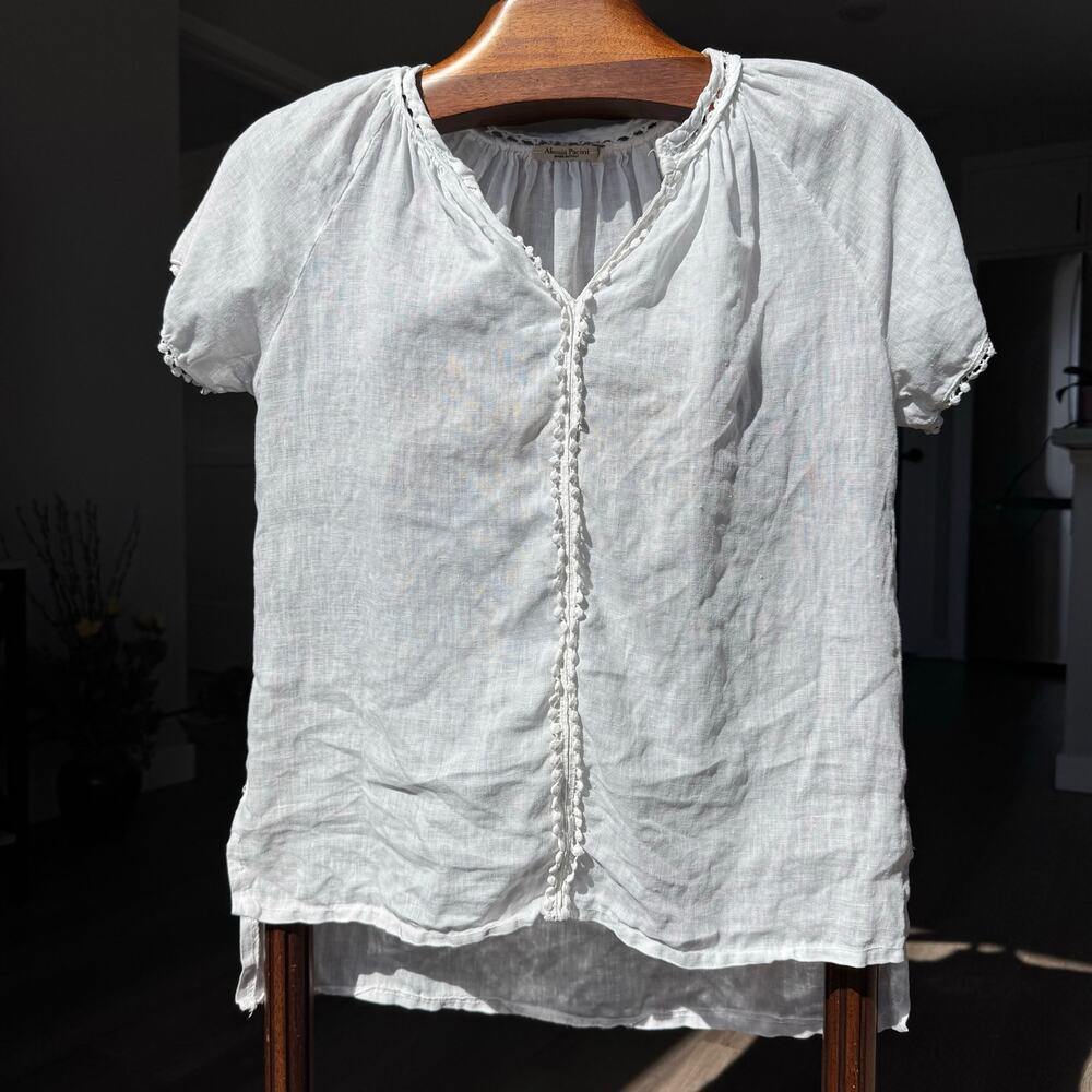 Alessia Pacini Italy White Linen Blouse S Short Sleeve Crochet Trim Tunic Top